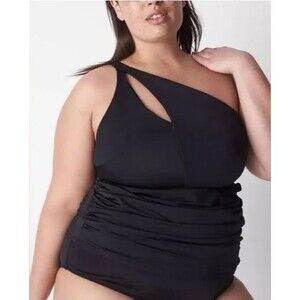 NWT Cacique Black Lightly Lined No Wire One Shoulder Tankini Swim Suit Top 32